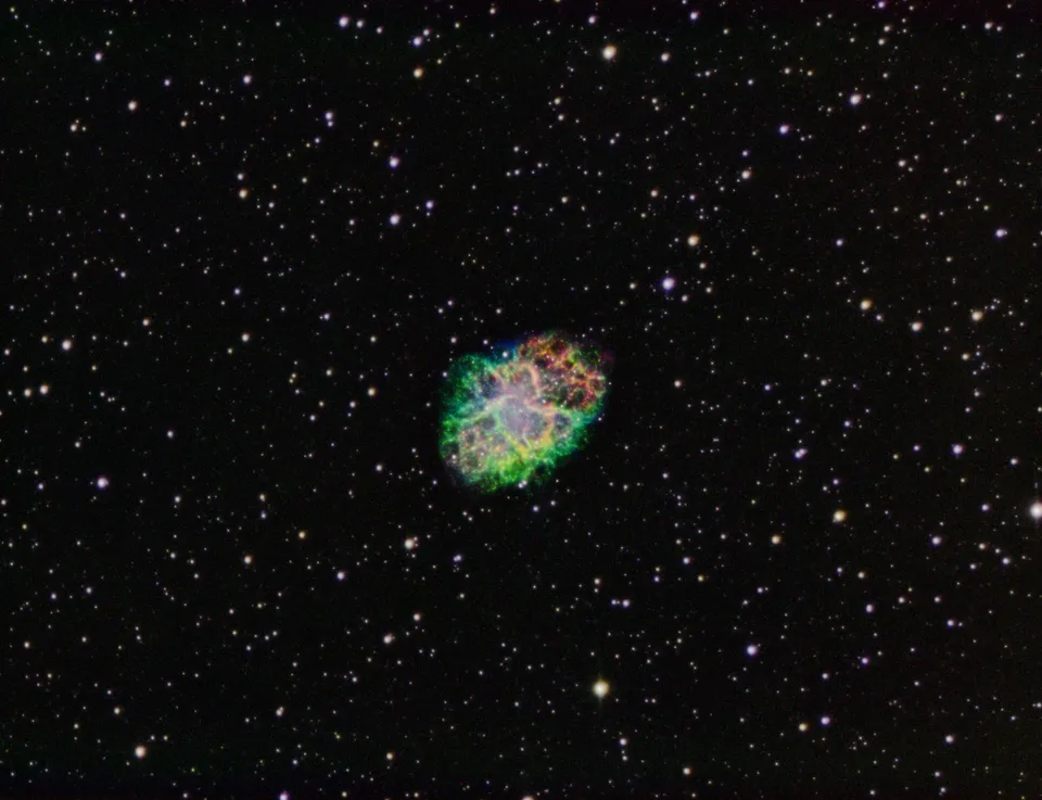 The Crab Nebula (SHO): astrophotograph by Pete Lawrence